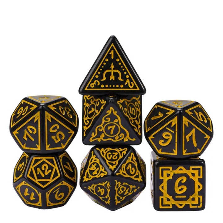 Set de 7 Zaruri RPG, acril, negru/galben, Standard