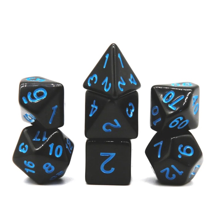 Set de 7 zaruri pentru RPG, negru/albastru, Acril