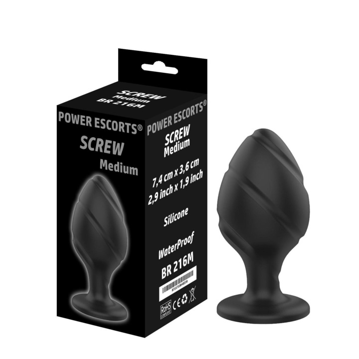 Anális dugó Power Escorts Screw Butt, orvosi szilikon, 7,4x3,6 cm, fekete