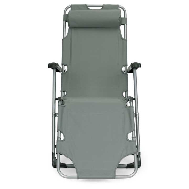 Sezlong pliabil 178x47x92 cm, 2 in 1 fotoliu, spatar si suport picioare reglabile, cadru metalic si tetiera detasabila, gri