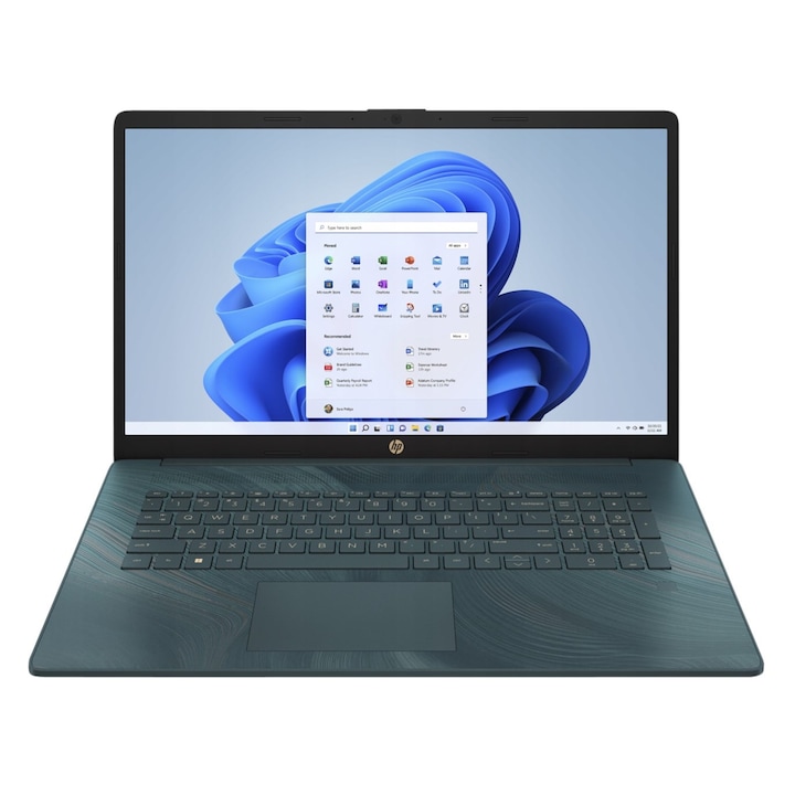 Laptop HP 17, 17.3" Full HD, Intel® Celeron® N4120 pana la 2.6 GHz, 8 GB RAM DDR4 3200, 256 GB SSD, Intel® UHD Graphics 600, Windows 11 Home, Peacock Teal DDR4