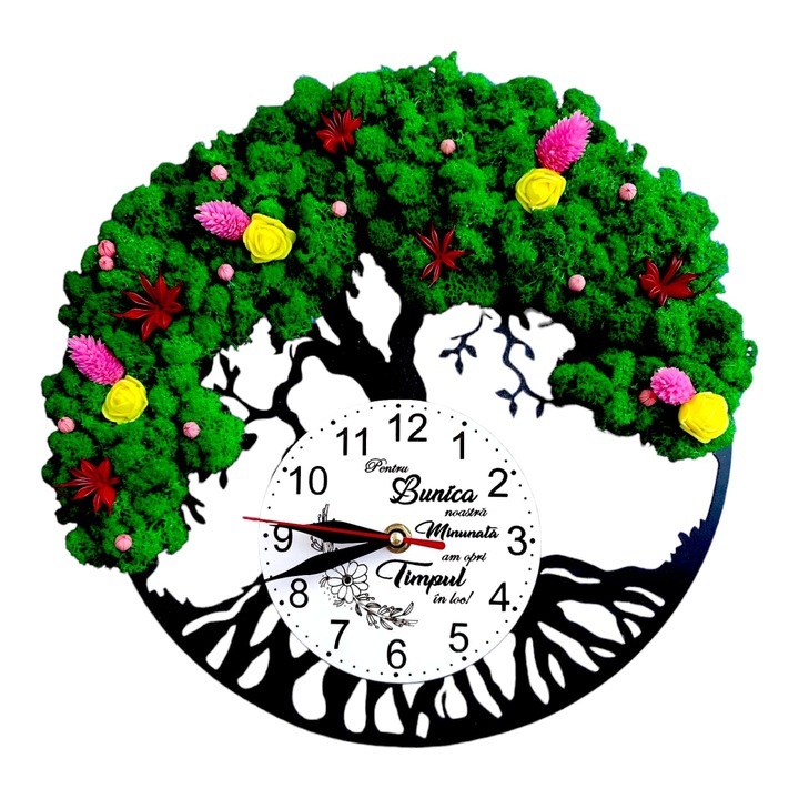 Ceas de perete decorativ copacul vietii, personalizat cu mesaj standard pentru bunica, "Pentru Bunica noastra minunata am opri timpul in loc!", decorat cu licheni stabilizati si flori decorative naturale, model 2, negru, 30cm