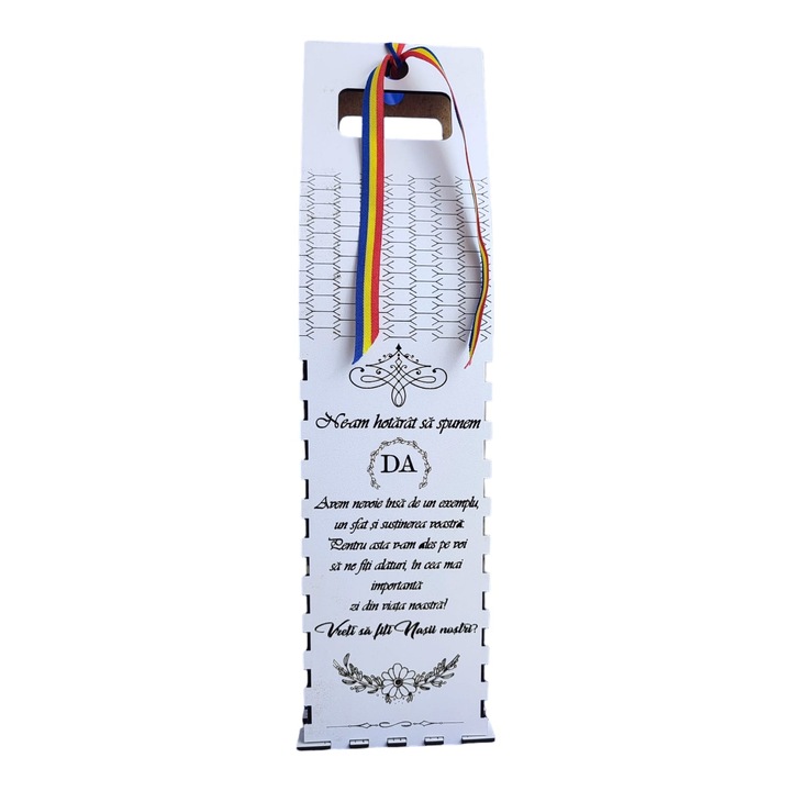 Cutie pentru sticla de vin, personalizata cu mesaJ standard pentru nasi "Vreti sa fiti nasii nostri?", mdf, model 1, dimensiune 37x10cm, alb
