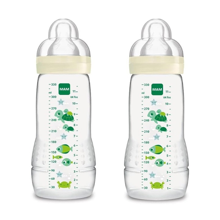 Set de biberoane Mam Easy Active, 2 bucati, cu suzeta, marimea 3, flux rapid, 4 luni+, 2x 330 ml, verde