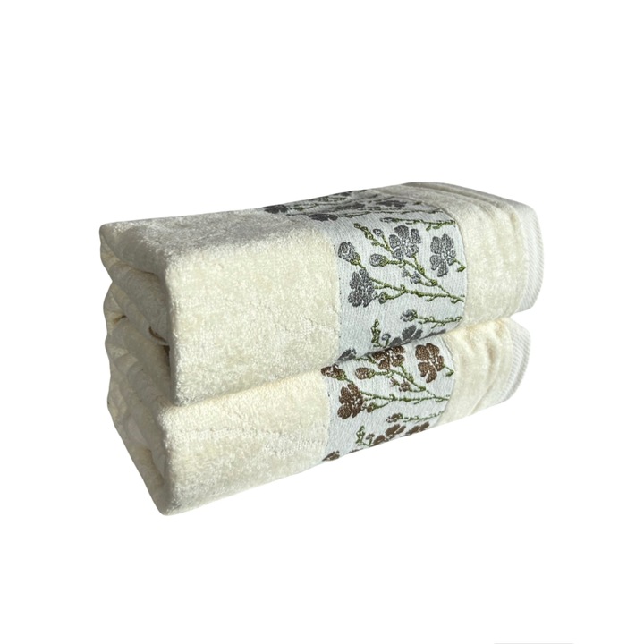 Комплект кърпи, С бродерия цветя, 6 броя, Памук, Слонова кост