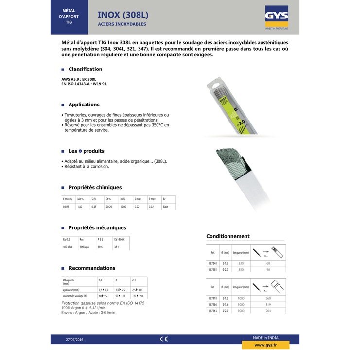 Elektródák rozsdamentes acélhoz TIG, GYS, 308L, φ 2.0, 40 db., 330mm