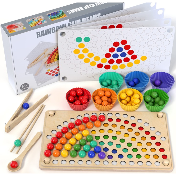 Joc educativ HNSMART, margele Montessori, sortare culori, 77 bile, multicolor, +3 ani