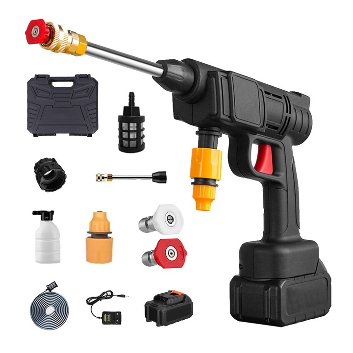 Aparat de spalat cu presiune portabil, 3 duze, 24V, 30 bar, 6000 mAh, furtun 5m, Negru