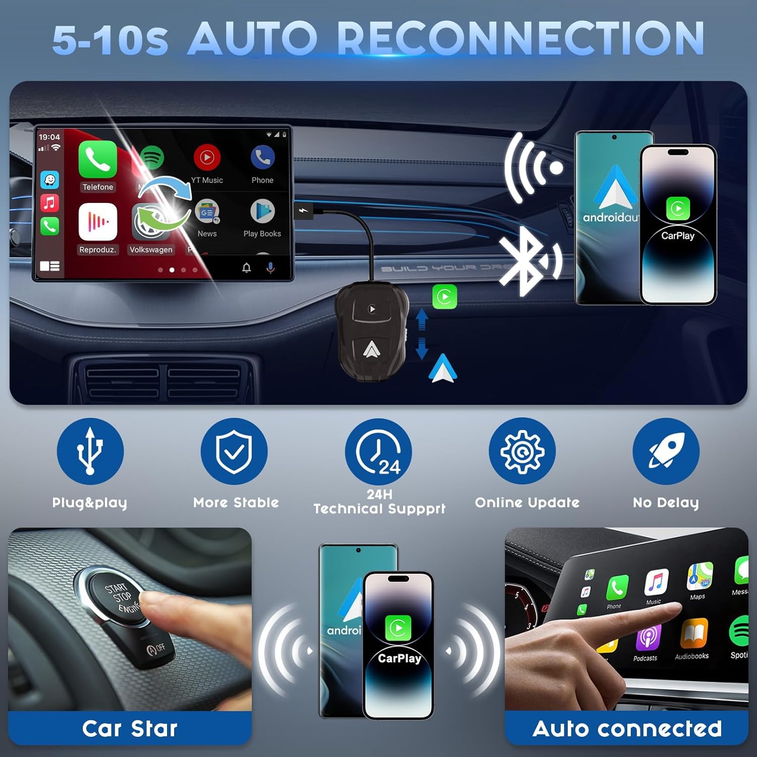 Adaptor wireless CarPlay & Android Auto 2 in 1, Compatibil cu