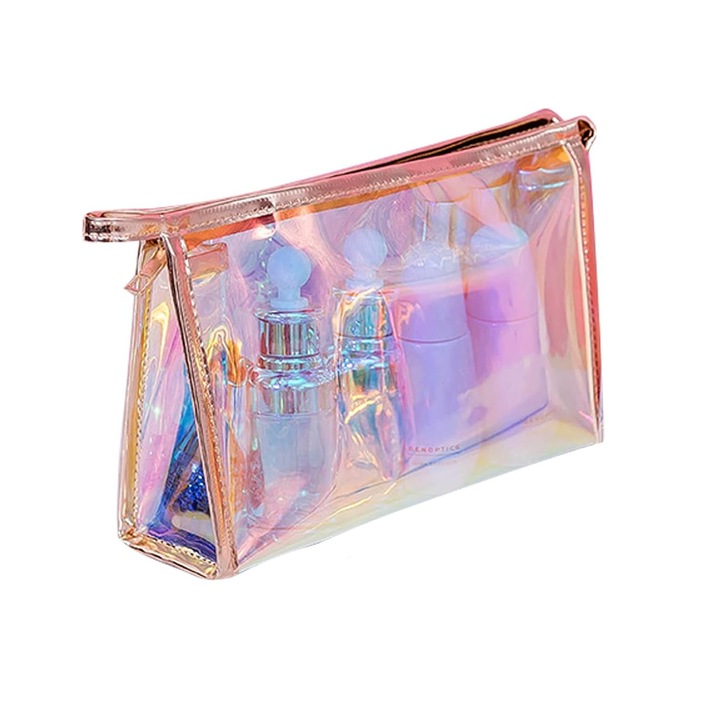 Portfard cosmetice, GIOIO, transparent holografic, impermeabil, 23x7x15cm