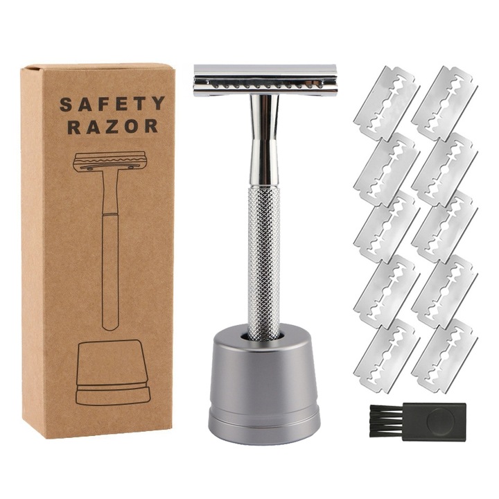 Класически комплект самобръсначки с основа и четка, 10 остриета, покрити с платина, сребро