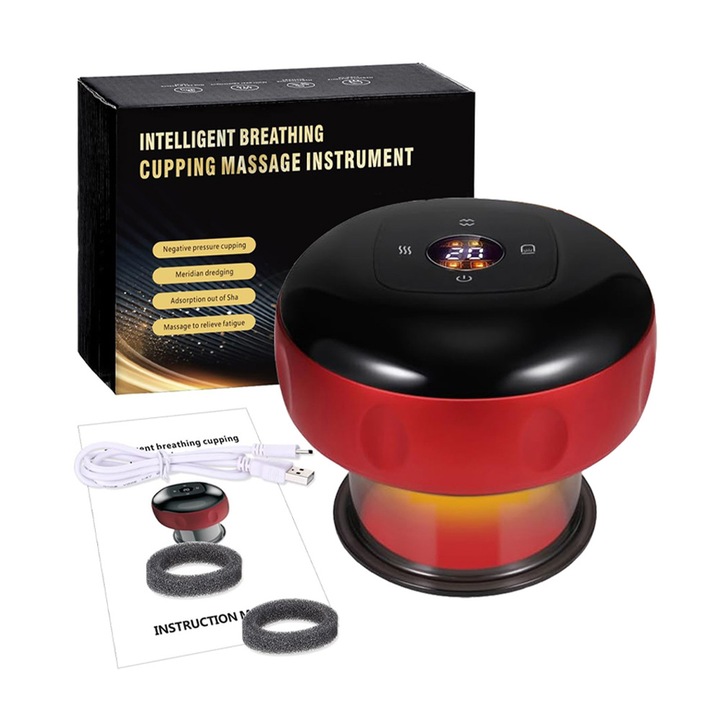 Aparat de Masaj Guasha Cupping 4 in 1,12 Moduri, Scraping Massager, Terapie Cu lumina Infrarosu, Indepartare Celulita, Slabire, Incalzire Si Aspiratie Reglabile, Aplicati Pe tot Corpul Si Relaxati Muschii, LCD Display, Negru/Rosu