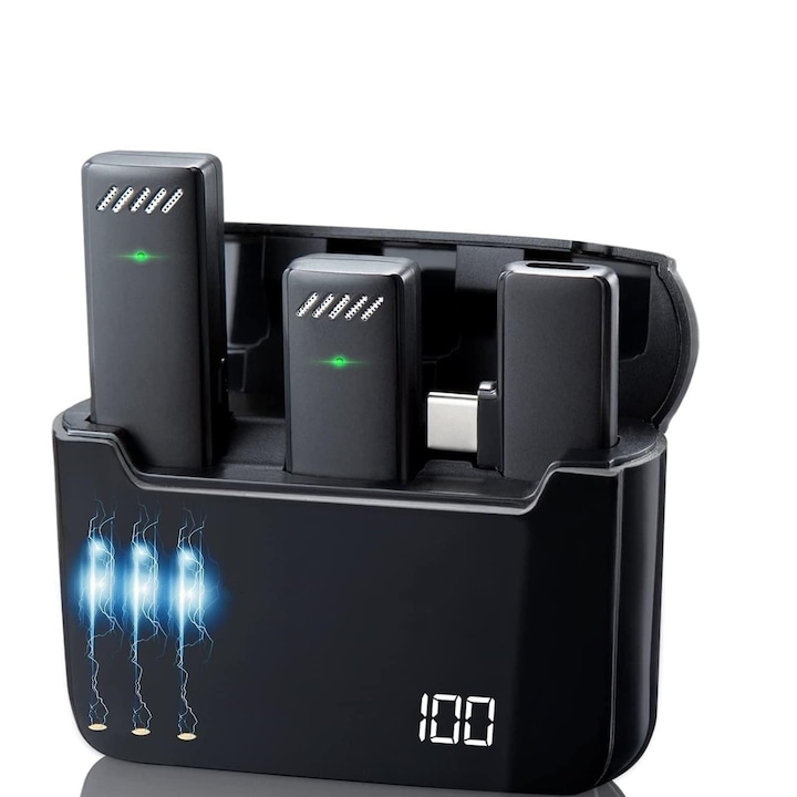 Professzionális hordozható mikrofonok, Latauar, vezeték nélküli, Type C, Plug & Play, 70mAh, autonómia 6 óra, zajszűrő, mindenirányú, visszhangos, okostelefonhoz, táblagéphez, fekete