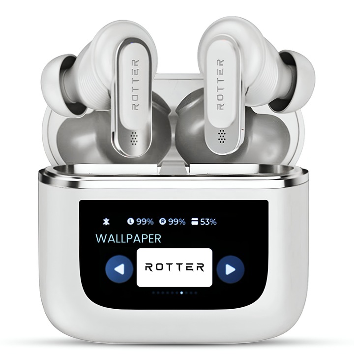 Vezeték Nélküli Bluetooth ROTTER® Fülhallgató, Érintőképernyő, Fejlett Zajszűrés, In-Ear, Bluetooth 5.3, 30 Óra Üzemidő, HD Mikrofon, Érintésvezérlés, Vízálló, Sport, Univerzális Kompatibilitás, 5 Módos Equalizer, Gyors Töltés, Alacsony Késleltetés, Ezüst