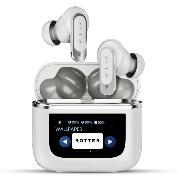 ROTTER безжични bluetooth слушалки със сензорен екран и подобрено шумопотискане, аудио, Bluetooth 5.3, 30 часа живот на батерията, HD микрофон, водоустойчивост, еквалайзер с 5 режима, сребристи