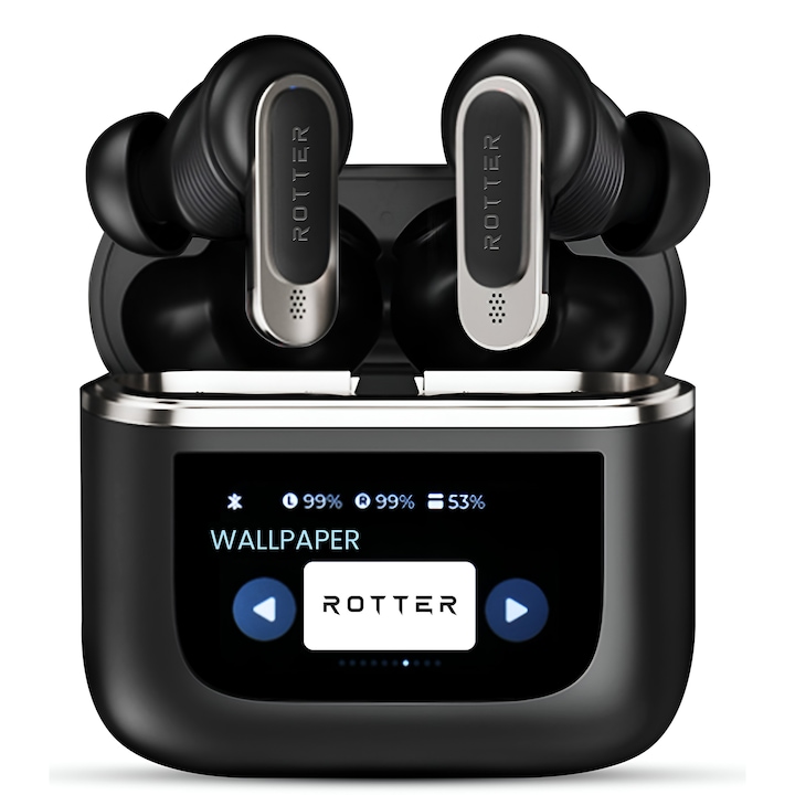 Casti wireless bluetooth ROTTER®️ cu Touch Screen si Anularea Zgomotului Imbunatatita, Audio, Fara fir, In-ear, Bluetooth 5.3, Autonomie 30 ore, Microfon HD, Control tactil/touch, Rezistente la apa, Sport, Universale, Equalizer cu 5 moduri, Negru