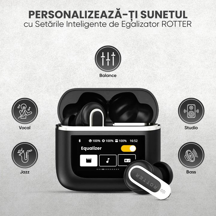 Casti wireless bluetooth ROTTER®️ cu Touch Screen si Anularea Zgomotului Imbunatatita, Audio, Fara fir, In-ear, Bluetooth 5.3, Autonomie 30 ore, Microfon HD, Control tactil/touch, Rezistente la apa, Sport, Universale, Equalizer cu 5 moduri, Negru