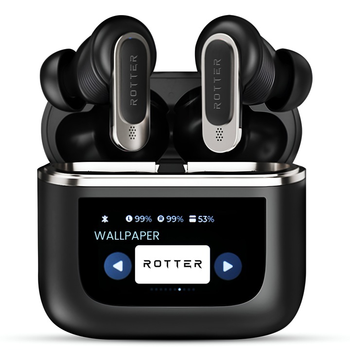 Vezeték Nélküli Bluetooth ROTTER® Fülhallgató, Érintőképernyő, Fejlett Zajszűrés, In-Ear, Bluetooth 5.3, 30 Óra Üzemidő, HD Mikrofon, Érintésvezérlés, Vízálló, Sport, Univerzális Kompatibilitás, 5 Módos Equalizer, Gyors Töltés, Fekete