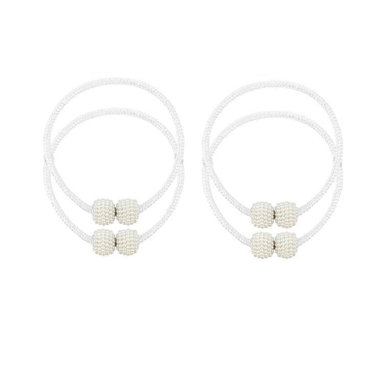 Set 4 magneti decorativi pentru perdele si draperii, catarama cu perle si curea cu textura tesuta, poliester, 48 cm, alb, Dactylion®