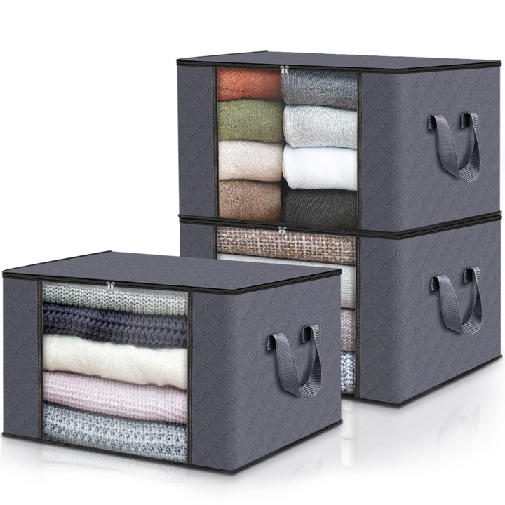 Set 3 Organizatoare pentru Haine, Capacitate 60L, Fermoar Rezistent, Gri, 55x35x32cm