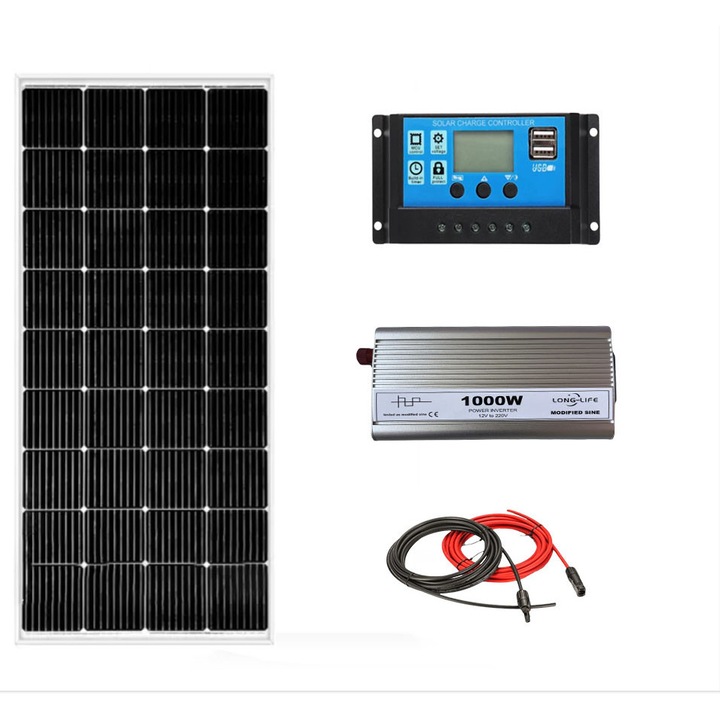 Kit solar fotovoltaic off grid invertor 1000W 12V si 24V, panou solar 100W, regulator/ controller 30A, 20 m cablu solar, duce frigider, becuri, televizor pentru cabana, rulota, casa, autorulota, container, iluminat, Solid Volt
