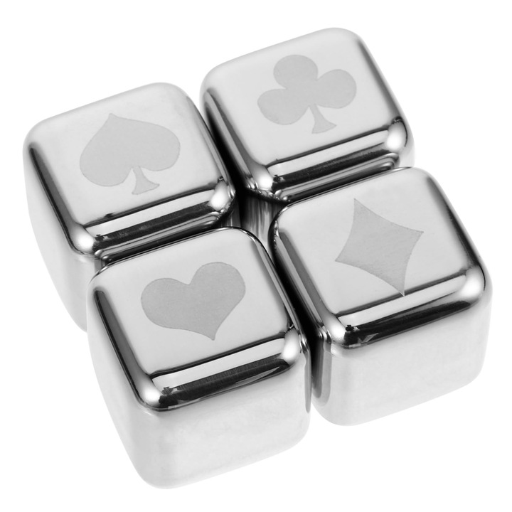 4 db rozsdamentes acél jégkocka készlet, póker modell, 2,6x2,6x2,6 cm, ezüst