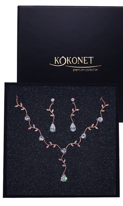Set bijuterii, KOKONET MUHER, cristal, rose gold, colier 45x6cm, element decorativ 4.5x20cm, cercei 4x0.9cm