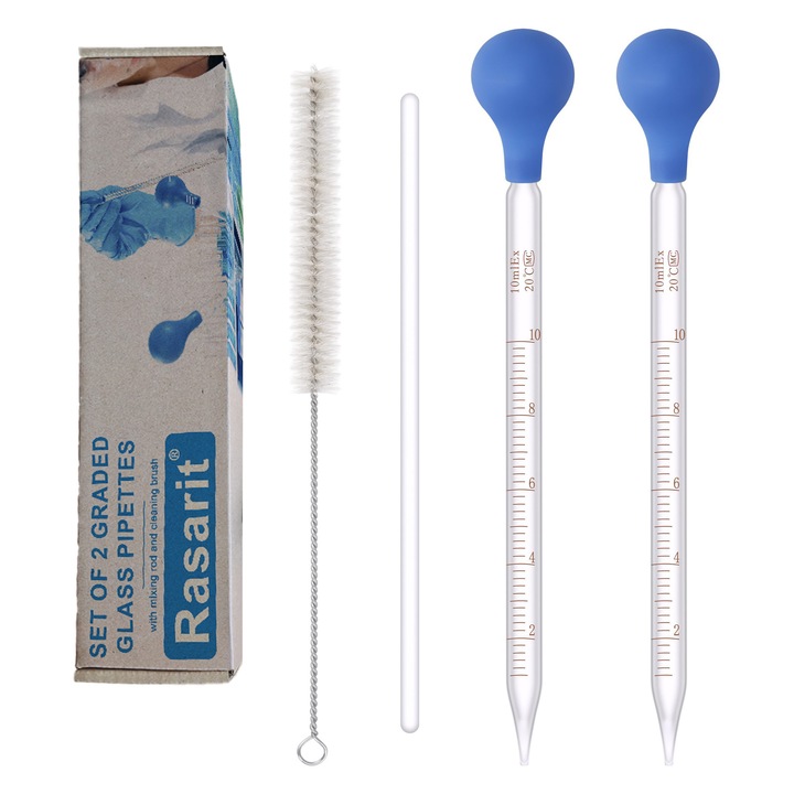 Set 2 pipete din sticla gradate, 10ml, cu capac de cauciuc, bagheta amestecare si perie curatare