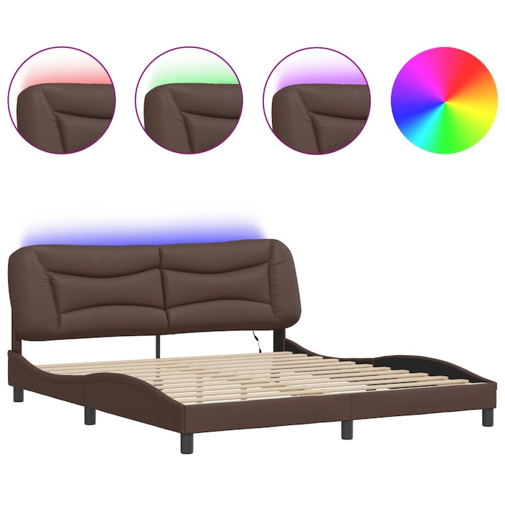 Cadru de pat cu lumini LED vidaXL, maro, 180x200 cm, piele ecologica, 29.55 kg