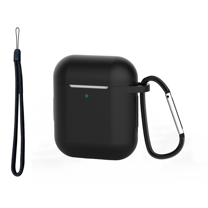 Husa Silicon Protectie pentru AirPods Generatia 1/2 enkourakoko®, din Silicon Moale, cu Breloc Carabina si Lanyard, Incarcare Wireless, Negru