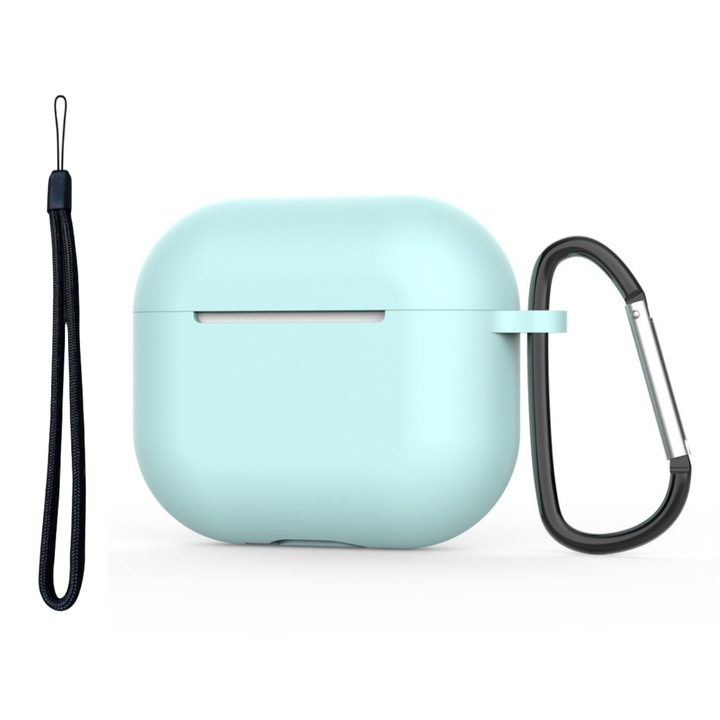 Szilikon védőburkolat a 3. generációs AirPodshoz enkourakoko®, puha szilikonból, karabineres kulcstartóval és zsinórral, vezeték nélküli töltés, kék
