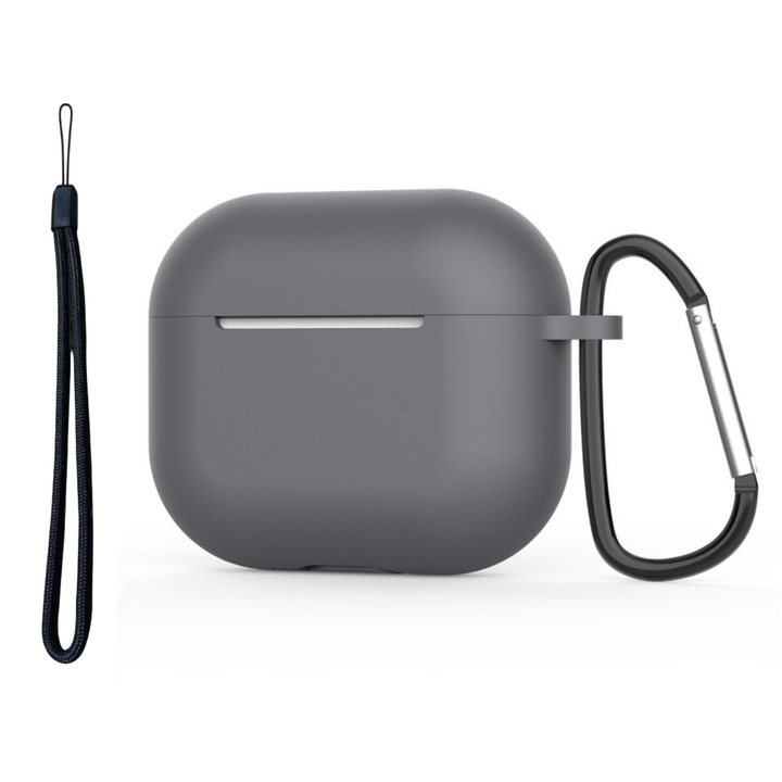 Husa Silicon Protectie pentru AirPods Generatia 3 enkourakoko®, din Silicon Moale, cu Breloc Carabina si Lanyard, Incarcare Wireless, Gri