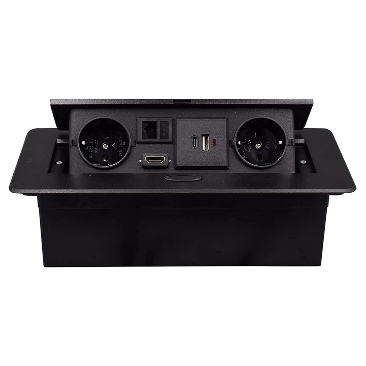 Priza Incorporabila in mobilier, ATOMKIT, 2 Prize Schuko, USB-A+C, Intrare HDMI, Intrare retea, Conductori cupru, Material de Aluminiu, Calitate Superioara, Cablu Alimentare 1.8 m, 26.6 cm, 11.8 cm, Negru