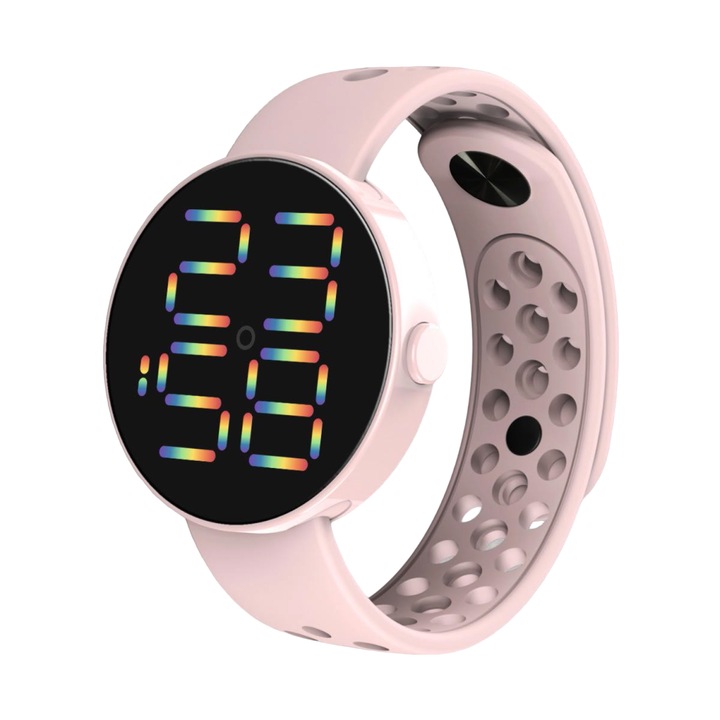 Ceas cu cadran rotund digital si bratara silicon roz reglabila QUARTZ CDQZ111