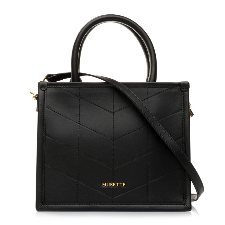 Geanta dama, Musette, Alyssa MM, Piele naturala, negru, 25.5 x 13.5 x 21 cm