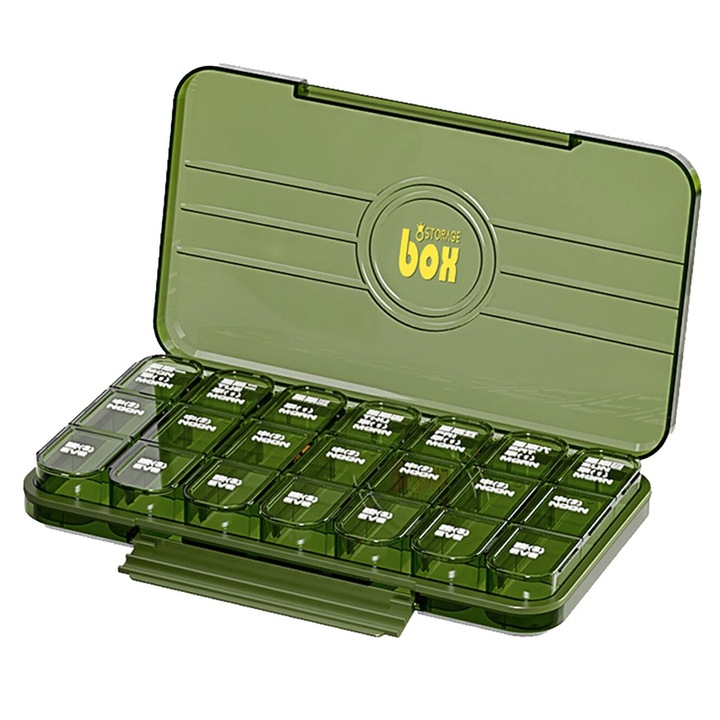 Cutie depozitare pastile, Hggzeg, Fara BPA, 7 zile, Recipiente Detasabile, Amintire de data, Portabil si usor de curatat, pentru vitamine, medicamente, suplimente si uleiuri de peste, 23x13x3 cm, Plastic, Verde