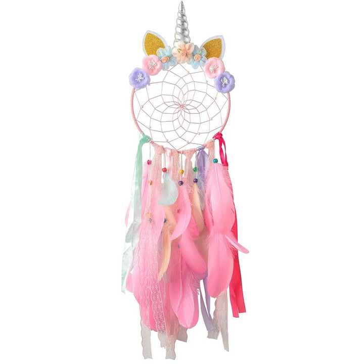 Dream Catcher Ornament de agatat pe perete, Hggzeg, Unicorn, LED, Pene, Tesut manual, Diametru 20 cm, Lungime 75 cm, Suspendabil, Nu este usor de scapat, Potrivit pentru decorarea casei, camera de zi, camera copiilor, dormitor, apartament, Textil, Roz