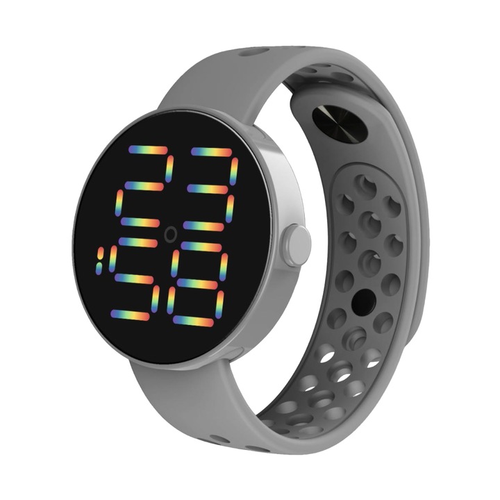 Ceas cu cadran rotund digital si bratara silicon gri reglabila QUARTZ CDQZ111