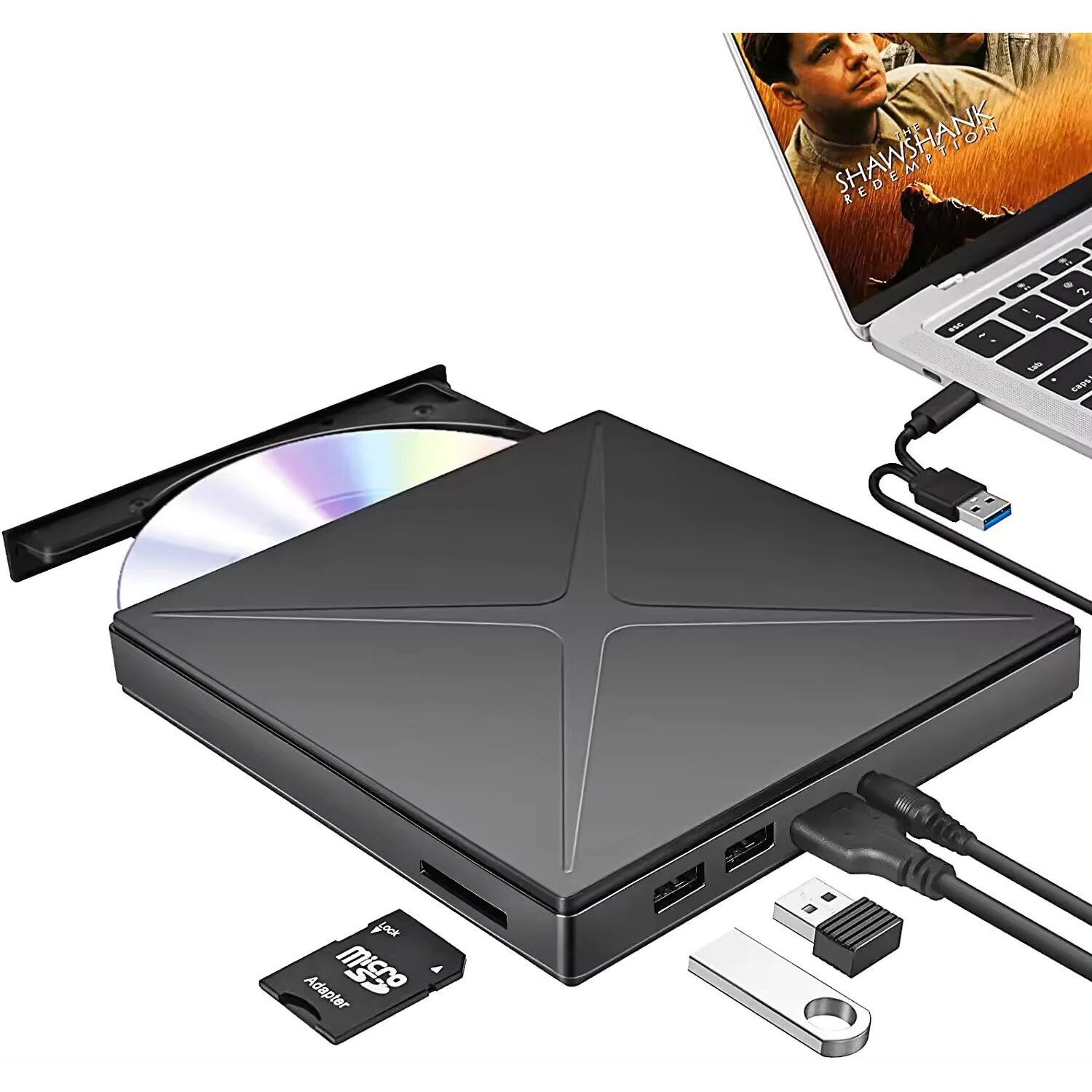 Преносимо външно DVD CD RW устройство NewEvo, USB C порт, USB 3.0 хъб ...