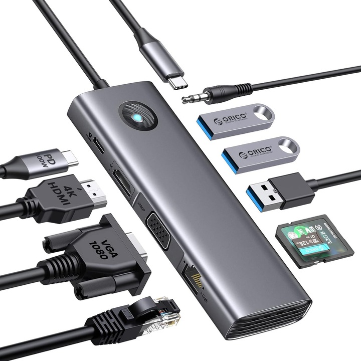 Адаптер USB-C 10 в 1, URWANDER®, докинг станция с HDMI 4K, VGA, 3 USB порта, PD 100W, SD&TF, 3,5 mm аудио, Gigabit Ethernet Type C Multiport Adapter за Windows Mac