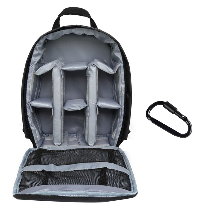 Rucsac camera Foto, SINBINTA, Carabinie cu inel D, Reglabil compartimentat, Impermeabila, Respirabil, Rezistent la uzura, Inchidere cu fermoar, Pentru camere profesionale, Drona, Suport trepied, Nylon/ Poliester, 20l, 35*20*10cm, Negru/Gri