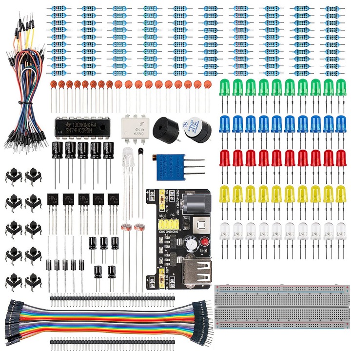 Комплект електронни компоненти, Breadboard 830 точки, светодиоди, съвместими с Arduino и Raspberry Pi