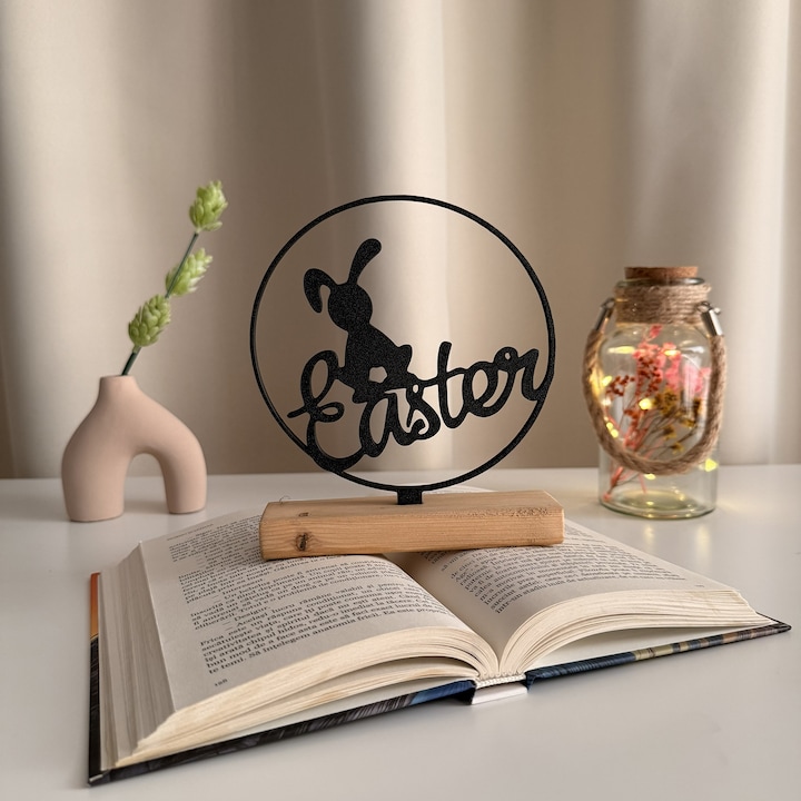 Decoratiune de Paste, Iepuras, Eco-friendly, Baza din Lemn Natural, Negru, 16.5 cm, Handmade, Decor Interior Birou, Sufragerie, Cadou Paste, Printat 3D din PLA Eco (plastic biodegradabil), DECORADI®