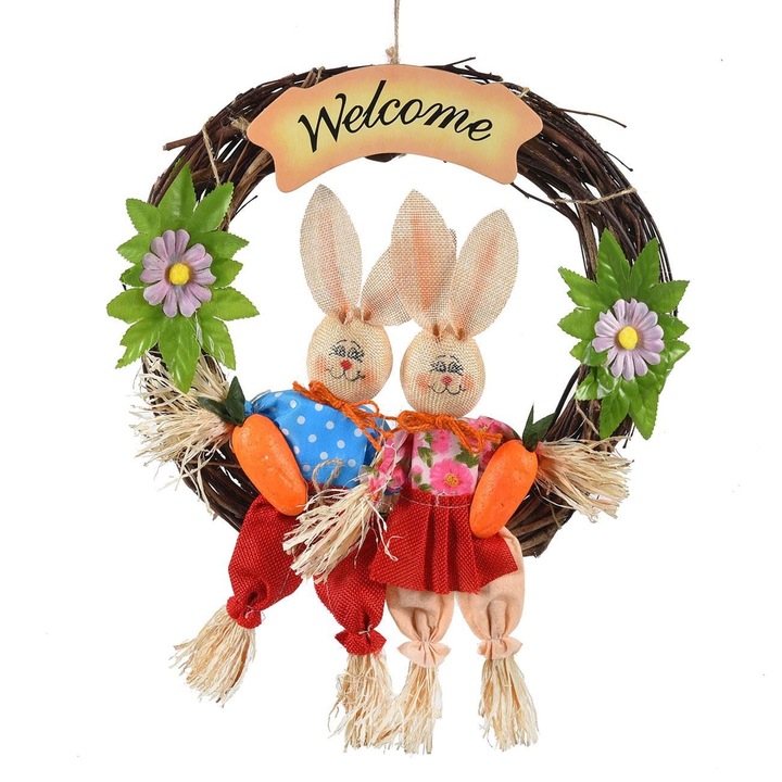 Coronita de Paste suspendata Shopiens® cu 2 iepurasi din spuma cu morcovi, flori si mesaj "Welcome", 32 cm