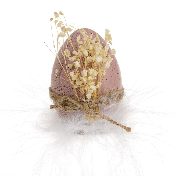 Decoratiune de masa pentru Paste din hartie Shopiens®, model ou de culoare roz pal cu stropi negri, pe o baza din lemn, 6 x 8 cm