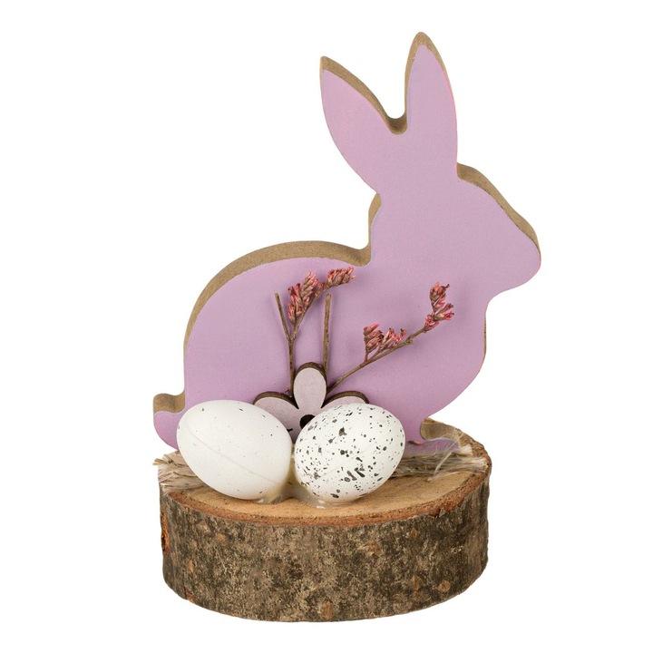 Decoratiune de masa din lemn pentru Paste Shopiens®, in forma de iepure de culoare lila cu floare, oua albe si flori uscate, 7 x 2 x 10 cm