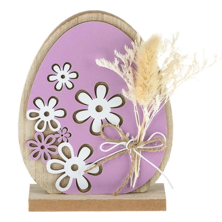 Decoratiune de masa din lemn pentru Paste Shopiens®, in forma de ou de culoare lila, cu model flori perforate si flori uscate, 11 x 4 x 14.3 cm