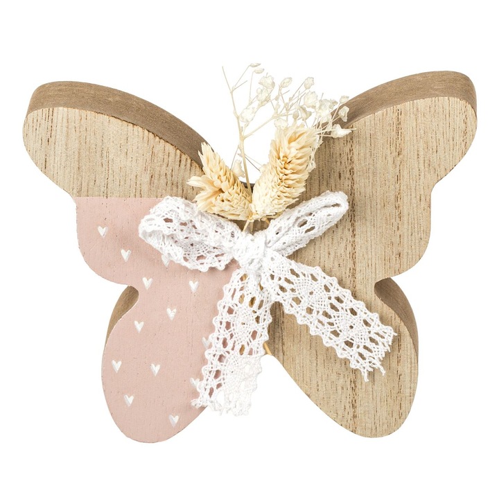 Decoratiune de masa din lemn pentru Paste Shopiens®, fluture cu fundita alba de dantela si flori uscate, 13 x 2.5 x 10 cm