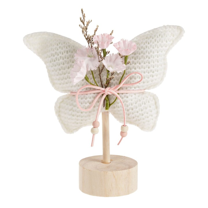 Decoratiune de masa din lemn pentru Paste Shopiens®, forma cu fluture ecru impletit cu cordon de pasla si flori, 17 x 19 cm