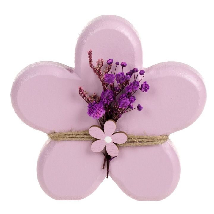 Decoratiune de masa din lemn pentru Paste Shopiens®, forma de floare roz cu franghie si flori mov uscate, 12 x 12 x 12 cm
